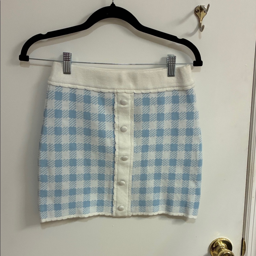 NWT Storia Light Blue and White Plaid Mini Skirt Sz M
